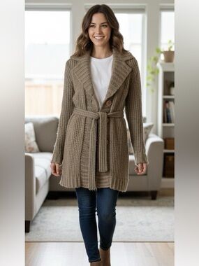 New York & Company Chunky Knit Belted Cardigan Sweater XS Tan Cozy